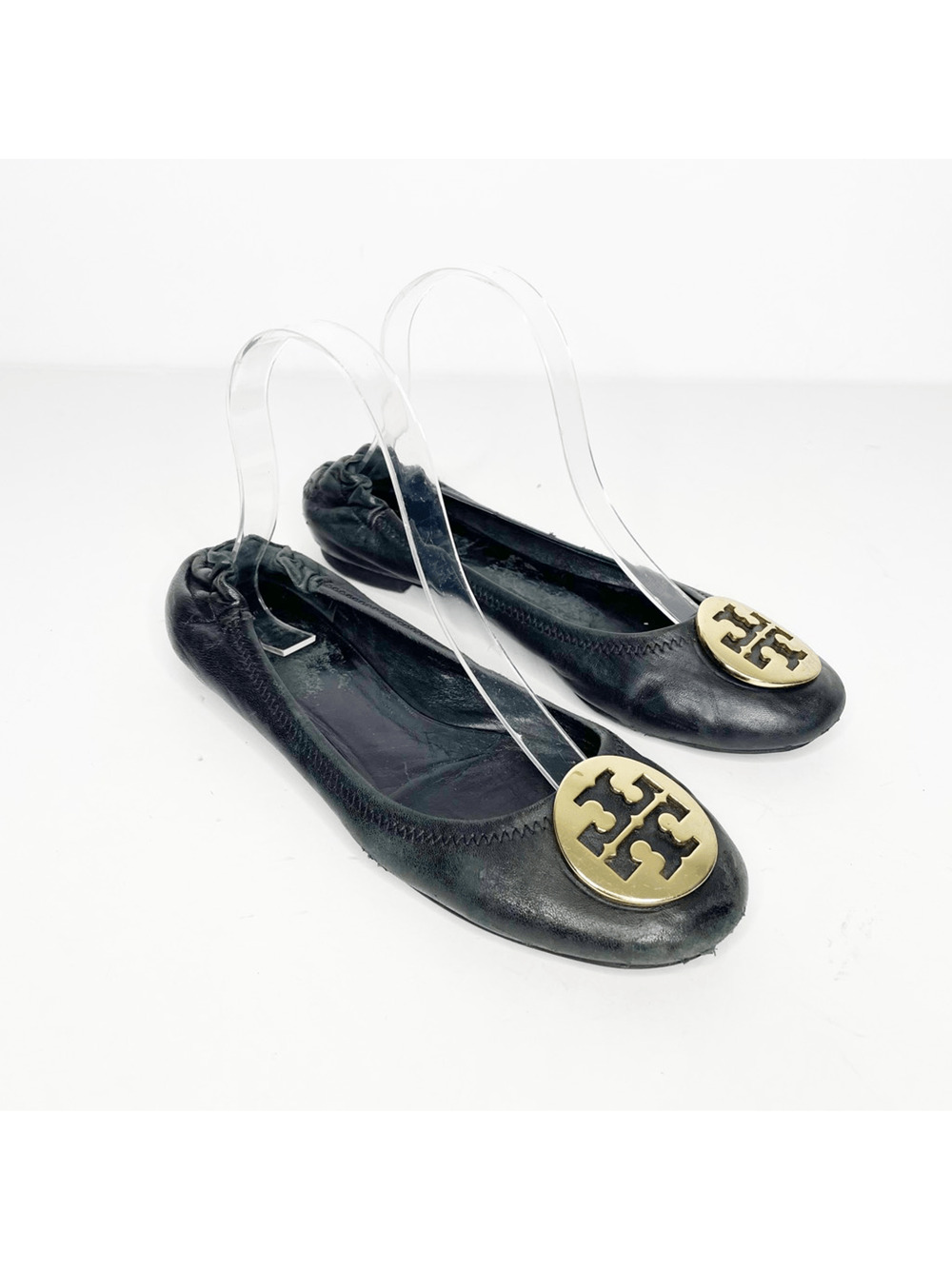 Tory Burch Reva Ballet Flat Black Nappa leather gold medallion logo womens 8